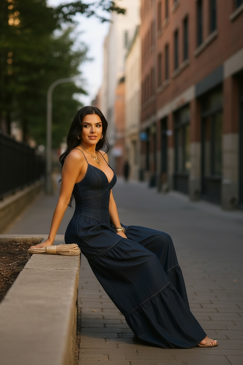 V-Line Denim Jumpsuit